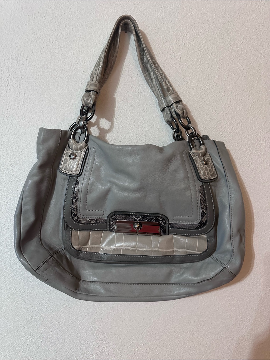 Coach Grey Shoulder Bag With Croc-Textured Accents